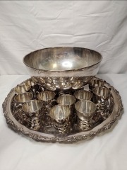 Japan Rose Motif Nickle Silver Punch Bowl & 12 Cups Silverplate