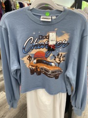 dodge blue vinyl print crop top sweater XS