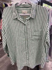 universal thread green\/white striped button up top XL