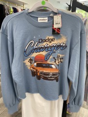 dodge blue vinyl print crop top sweater S