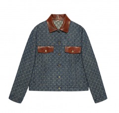 1780R5 | GUCCI GG Pattern Denim Jacket with Leather Trim | WOMEN'S 44 | BLUE\/BROWN