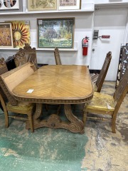 Pecan Finish Dining Table w\/6 chairs 1 leaf
