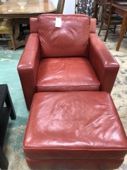 Thomasville Red Leather Armchair with Ottoman