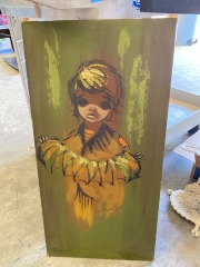 Vintage MCM Signed Mixed Media Big Eye Painting Kid with Accordion