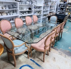 Art Deco Acrylic Base Glass Table with 10 Carved Wood Chairs
