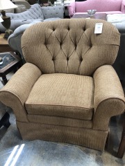 Gold Upholstered Arm Chair w\/leather piping