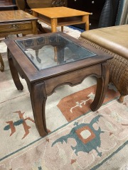 Vintage Bow Legged Dark Brown Coffee Table with Glasstop