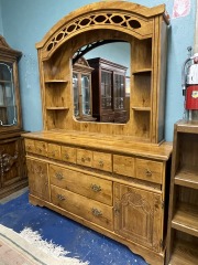 Ornate Light Wood Finish Dresser with Shelved Mirror