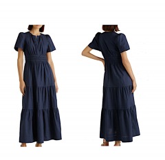 2242P6 | QUINCE 100% Organic Cotton Poplin Tiered Maxi Dress | M | NAVY