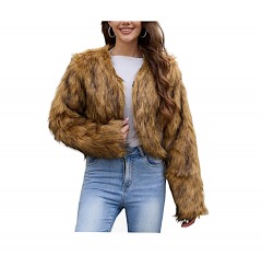 2273P7 | GIHUO Women's Winter Cropped Faux Fur Coat | L | BROWN