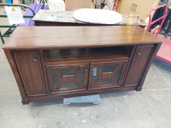 DARK BROWN TV STAND W\/2 SOLID, 2 GLASS DOORS