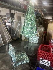 Square patio table with umbrella and 2 chairs with cushions