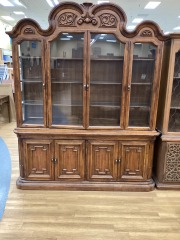 MEDIUM BROWN 2 PIECE HUTCH W\/ 8 DOORS AND GLASS SHELVING