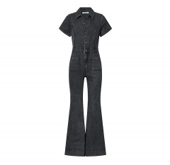2309R4 | SHOWPO Silvena Jumpsuit-Short Sleeve Flared Denim Jumpsuit | 8 | BLACK WASH