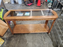 LIGHT BROWN SOFA TABLE WITH GLASS INSERT