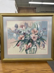 Vintage 80s Needlepoint Floral Fantasy By Barbara Mock Framed Art