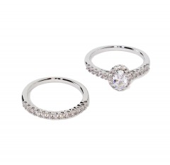 2364M1 | A NEW DAY Silver Plated Halo Oval Cubic Zirconia and Pave Wedding Ring Set 2pc | SIZE 6