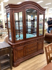 MEDIUM BROWN ARCHED 2 PIECE HUTCH W\/ GLASS SHELVING