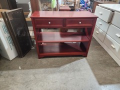 RED CONSOLE WITH TWO DRAWERS AND ONE SHELVE