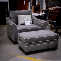 Stone & Leigh Light Grey With White Piping Trim Chair w\/Ottoman