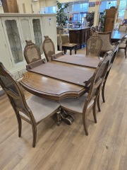 DOUBLE PEDESTAL 2 LEAF DINING TABLE W\/ 6 CANED BACK CHAIRS