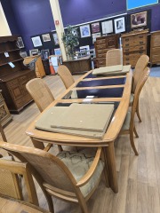 MIRRORED TOPPED 2 LEAF LIGHT BROWN DINING TABLE W\/ 6 CHAIRS