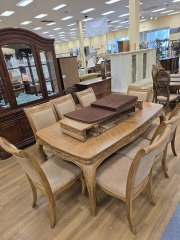 LIGHT BROWN 2 LEAF DINING TABLE W\/ 8 BROWN CUSHIONED CHAIRS