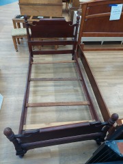 DARK BROWN TWIN BED FRAME W\/ACORN POSTS