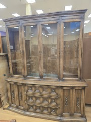 LARGE MEDIUM BROWN OAK STYLE 2 PIECE HUTCH