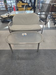 CUSHIONED GRAY METAL FRAMED PATIO LOVESEAT W\/ COFFEE TABLE