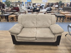 DARK AND LIGHT BROWN LOVESEAT MICROFIBER AND FAUX LEATHER