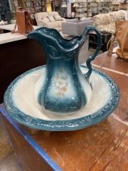 Vintage Floral and Teal Ironstone Pitcher and Wash Bowl Set