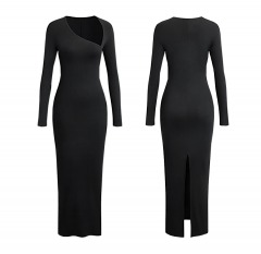 2585R9 | MICAS Asymmetrical Slit Maxi Dress | LARGE | BLACK