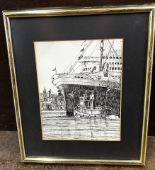 Vintage Pen and Ink Dramatic Tugboat Scene