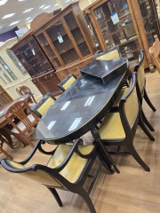 BLACK AND GOLD ANTIQUE OBLONG DINING TABLE W\/ GLASS TOP AND 6 CHAIRS
