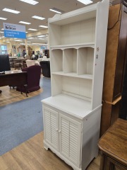 WHITE 2 SHUTTER STYLE DOOR CABINET W\/ BOOKSHELF TOPPER