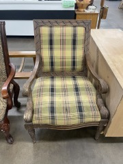 Plaid & Carved Wood Armchair