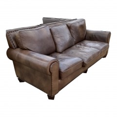 Brown Leather 3 Cushion Sofa w\/ Nailhead Trim