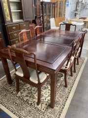 Ming Style Rose Wood Two Leaf Dining Table & Six Chairs