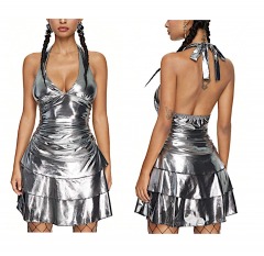2619R12 | ROMWE Avant Y2K Silver Coated Glossy V-Neck Tie Back Halter Mini Dress | SIZE 2 \/ EXTRA SMALL | SILVER