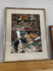 Vintage Embroidered Kitty Cat Library Framed Art