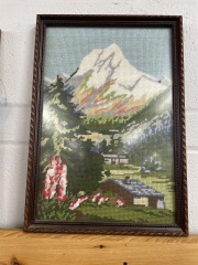 Vintage Embroidered Meadow and Mountainside Framed Art