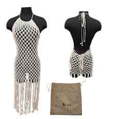 2622R11 | NUGA The Macram\u00e9 Fringe Detailed Halter-Neck Dress | SIZE 8 | WHITE
