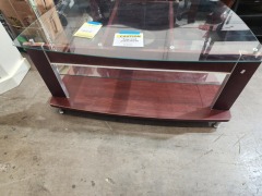 BROWN TV STAND WITH TWO GLASS SHELVES