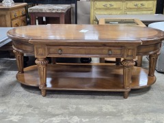 Stanley Pecan Coffee Tab, Bottom Shelf & Drawere