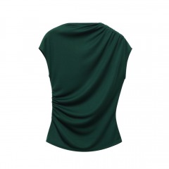 2671R12 | MANGO T-shirt with Gathered Asymmetrical Neck | MEDIUM | DARK GREEN