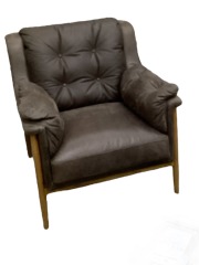 Gray Tufted Leather Arm Chair W\/Wooden Frame