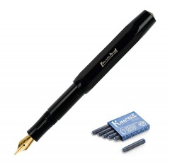 2068O4 | KAWECO Classic Sport Black Fountain Pen, Gold Clip, 6-Pack Royal Blue Ink Cartridges