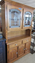 Rustic Leaded Glass & Oak China Cabinet w\/Hutch