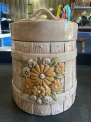 Vintage 1970s Ceramic Barrel Flower Cookie Jar